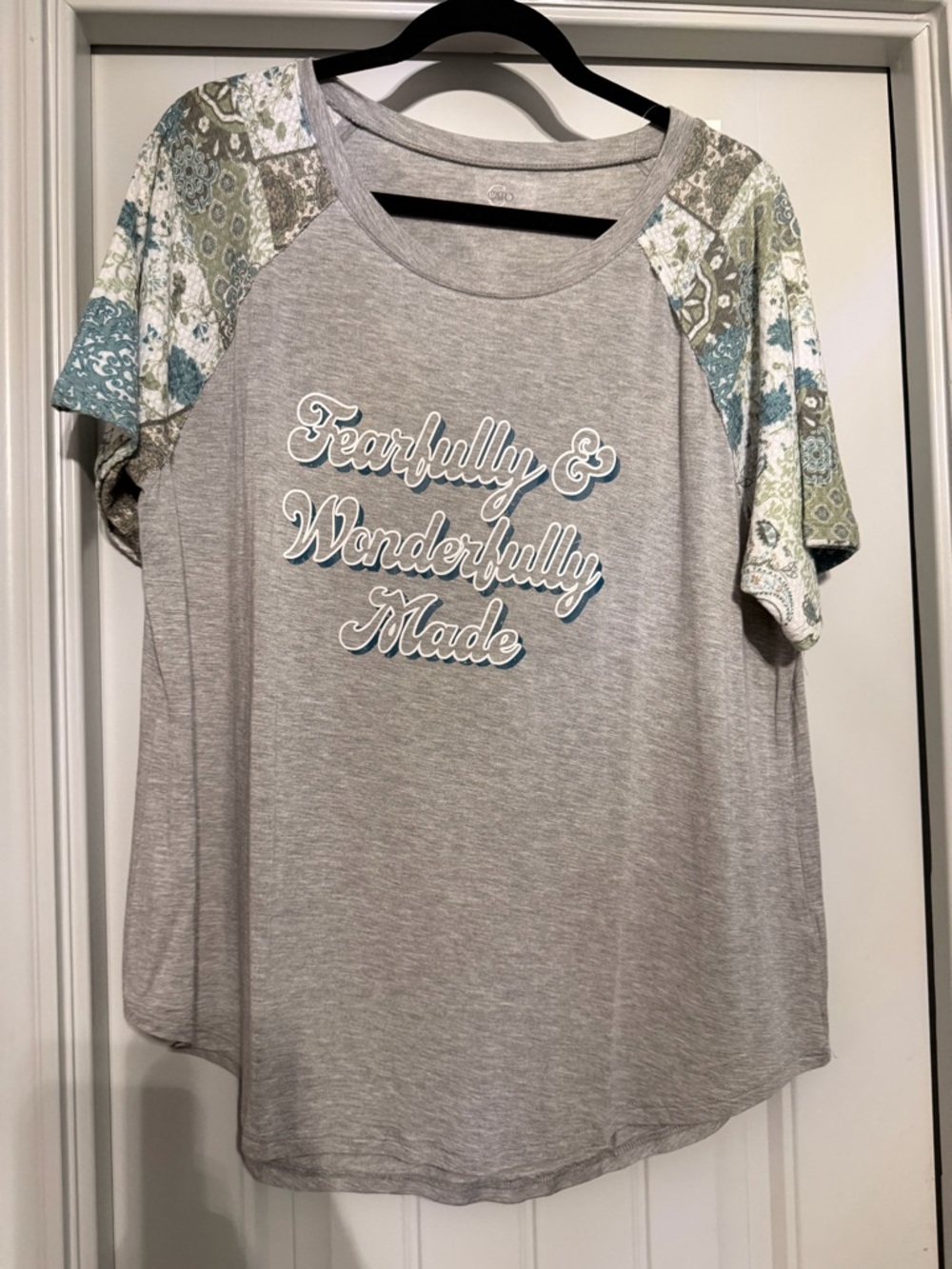 Gray Graphic Raglan Tee with Patterned Sleeves